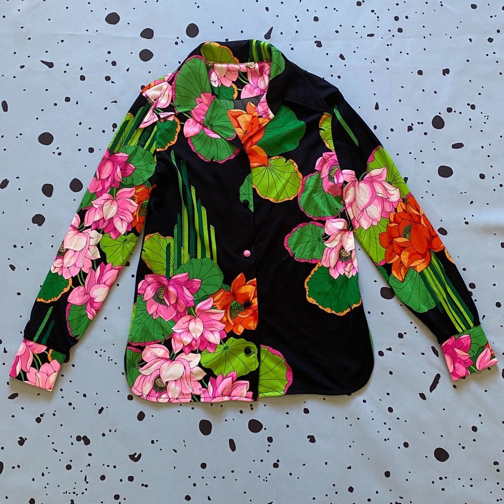 Vintage Black Bamboo Floral Button Down Shirt M/L